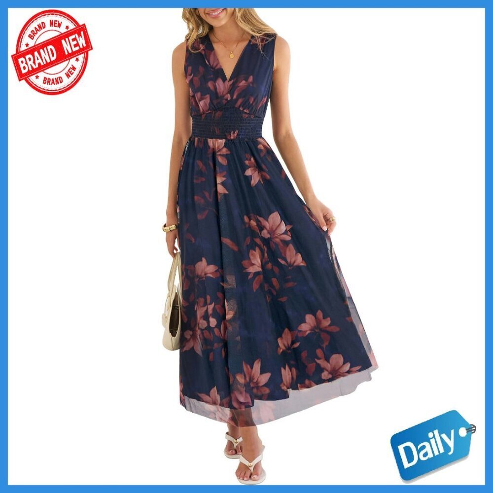 Summer Floral Maxi Dress V-Neck Sleeveless A-Line Tulle Medium